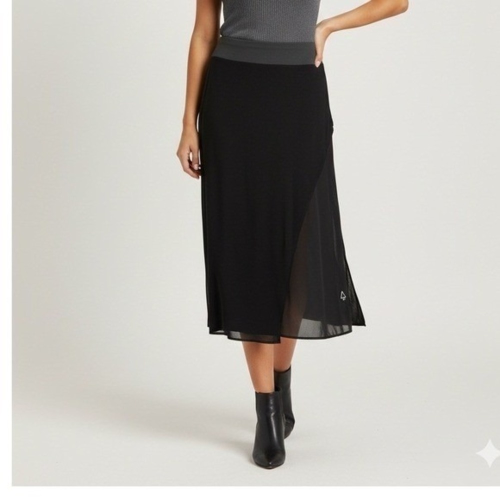 Soft‎ Surroundings Black Grey Mesh Layered Asymmetrical Midi Skirt Size M
